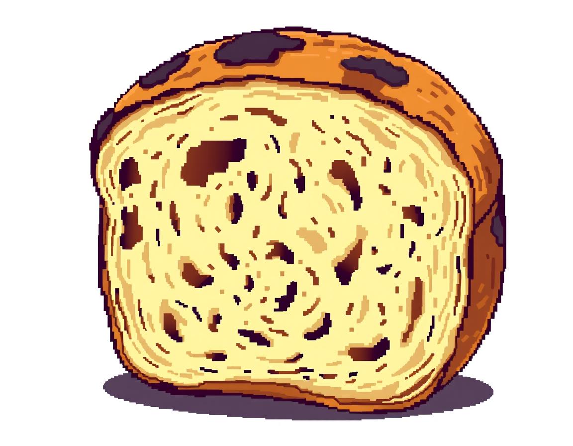 A vibrant pixellated style illustration of an old half roll of bread, showcasing its aged and crusty texture
