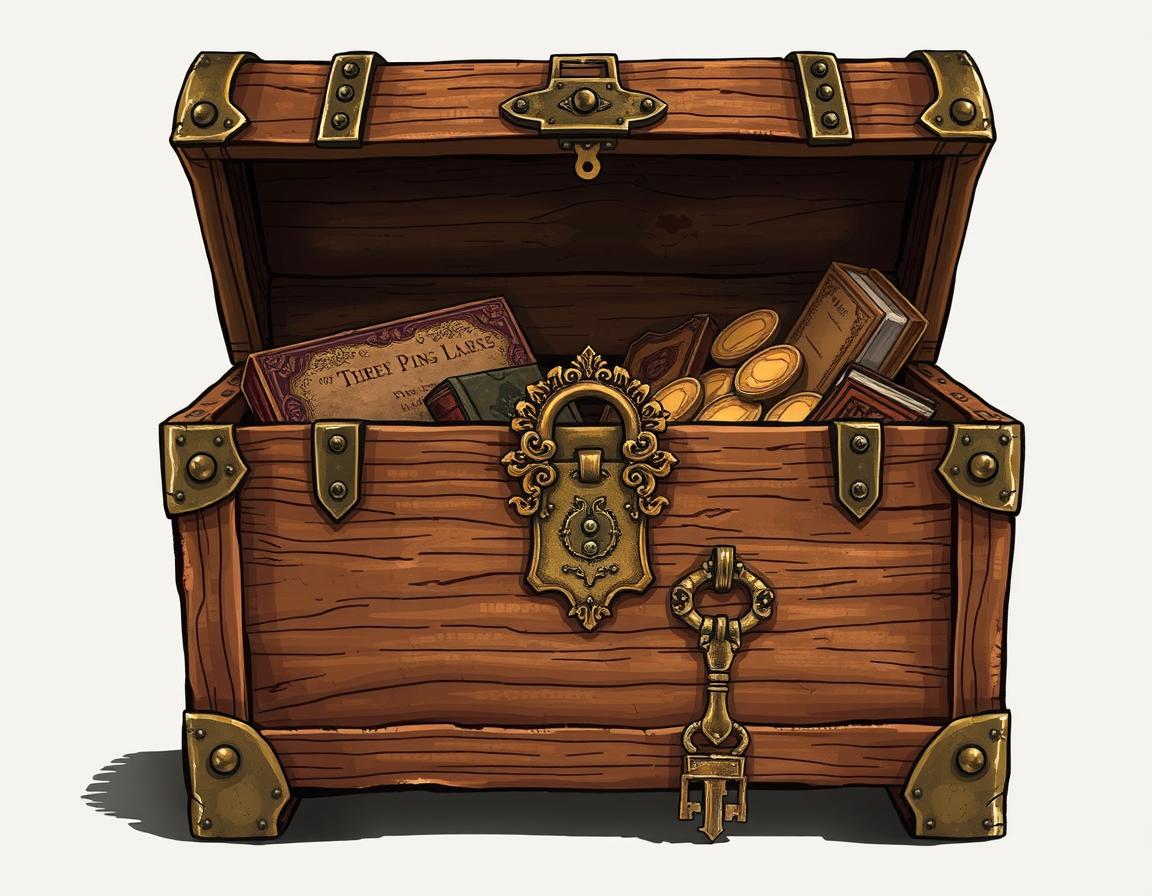 A detailed illustration of an old medieval trunk, depicted from the front, showcasing its sturdy wooden construction and ornate metal fittings