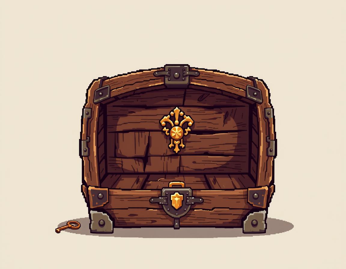 A charming pixellated style illustration of an old medieval trunk, depicted from the front, standing open and empty