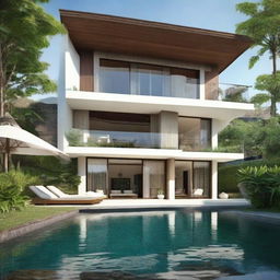 A two-story, Balinese villa with a sea view and terraced contours, situated on a 100m2 piece of land. The first floor is 60m2. Every floor includes a living room, bedroom, and bathroom. The second floor features an infinity pool, a carport, and a balcony. The villa does not have a roof.