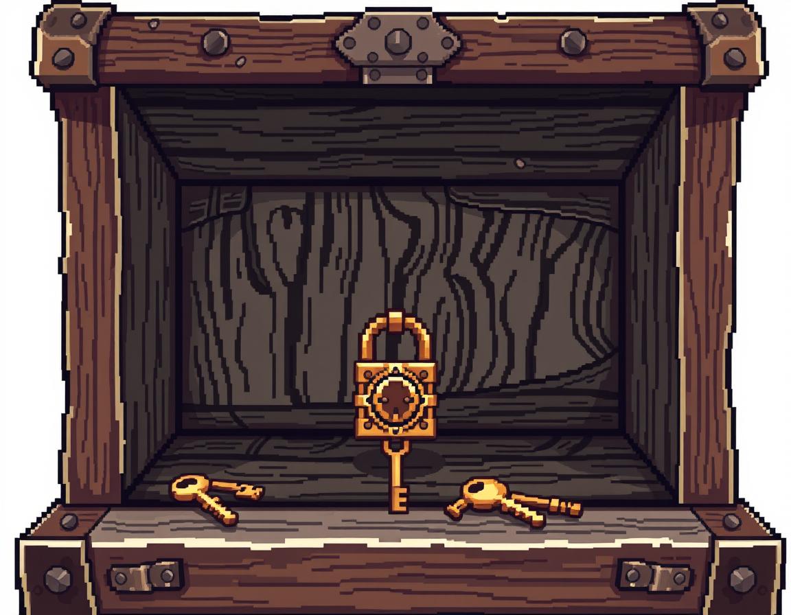 A charming pixellated style illustration of an old medieval trunk, viewed from the front with its lid wide open and empty