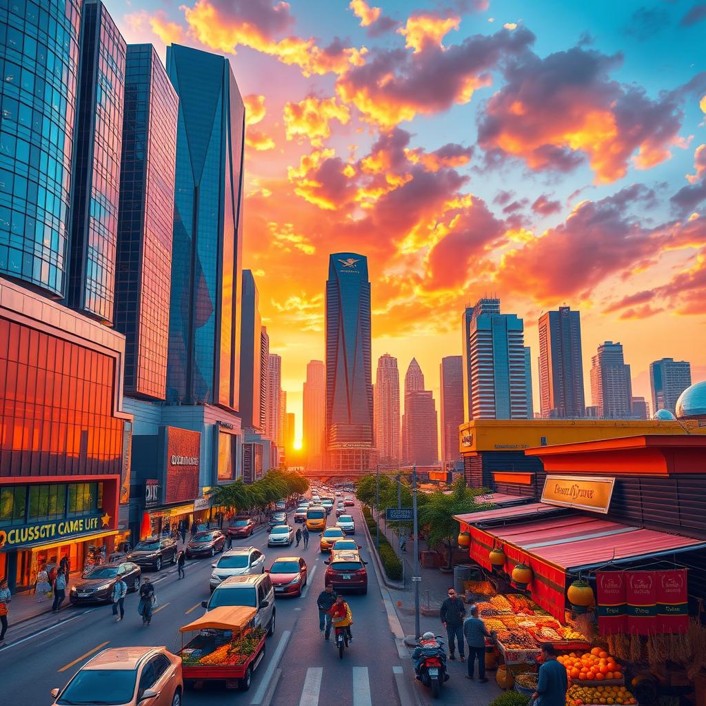 A stunning 3D rendering of a vibrant cityscape at sunset