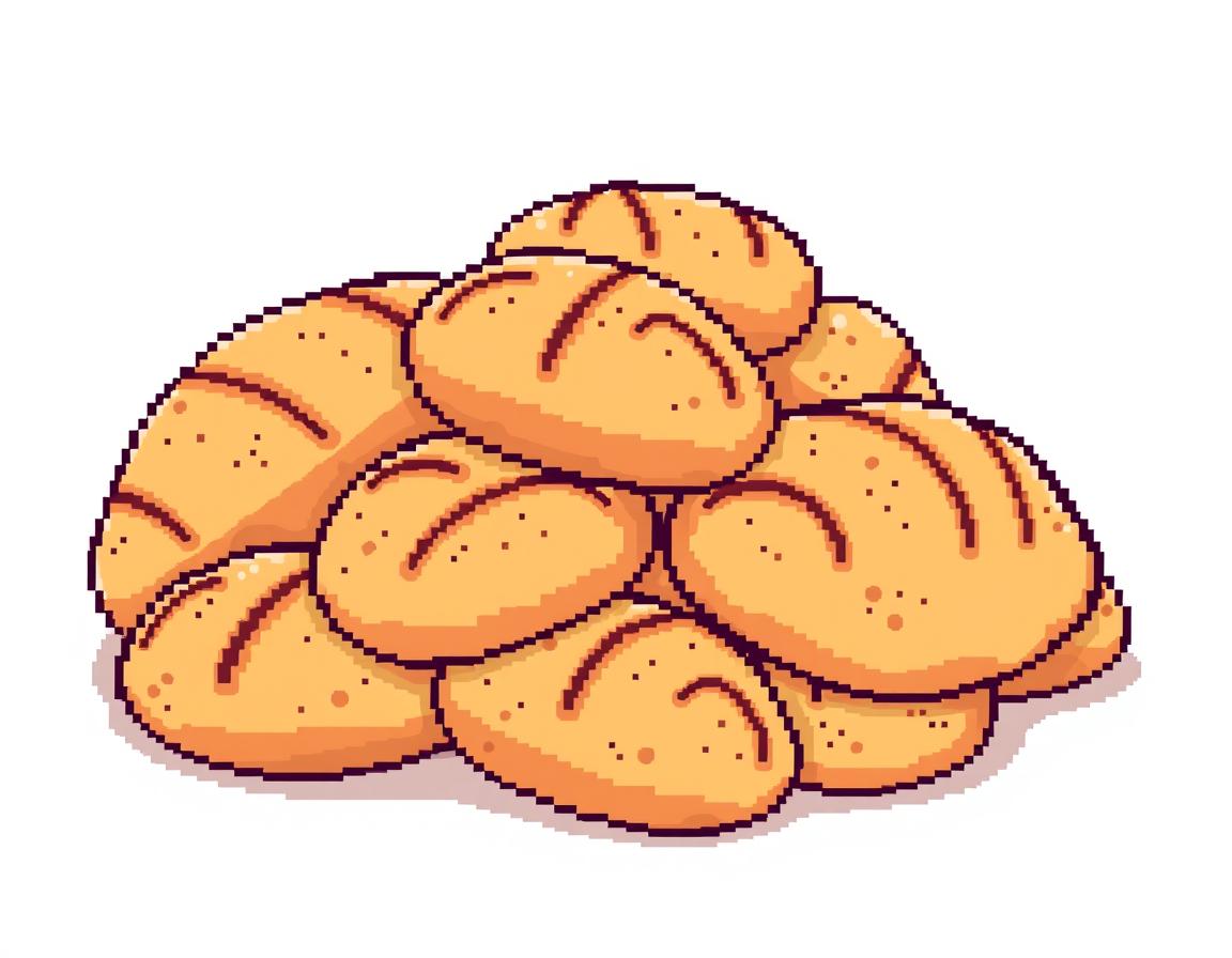 A delightful pixellated style illustration of a small pile of medieval loaves of bread, characterized by their rustic shapes and textures