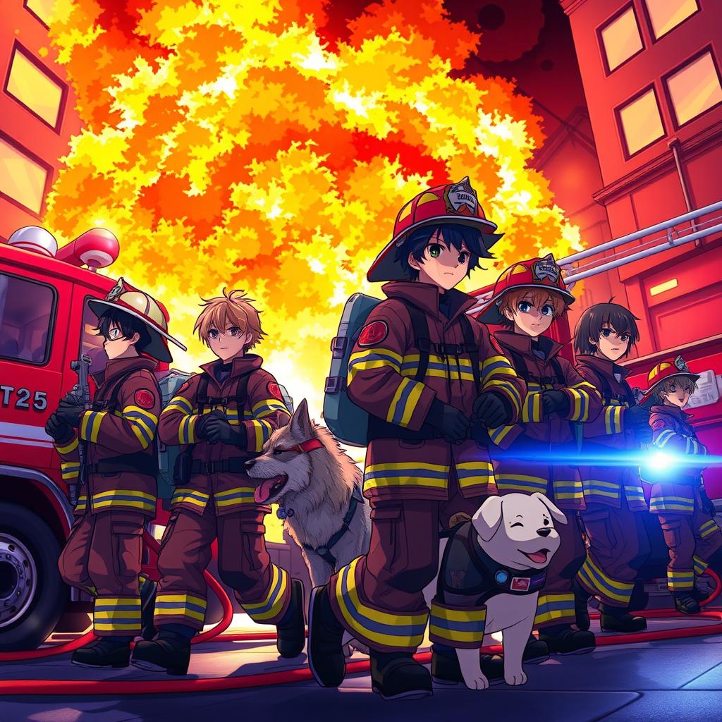 A vibrant anime scene depicting a heroic fire department team in action