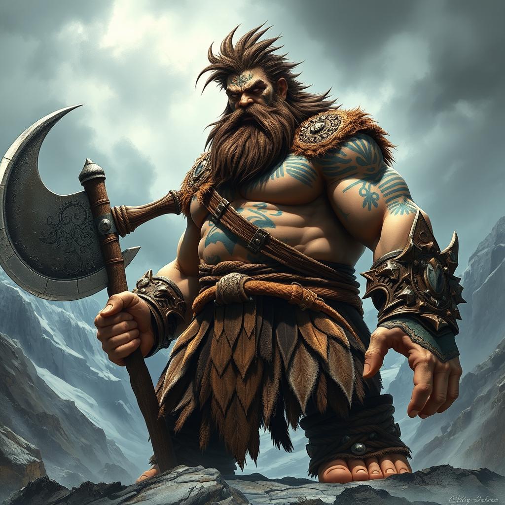 A giant Goliath barbarian character wielding an enormous axe, showcasing intricate face tattoos that signify strength and warrior culture