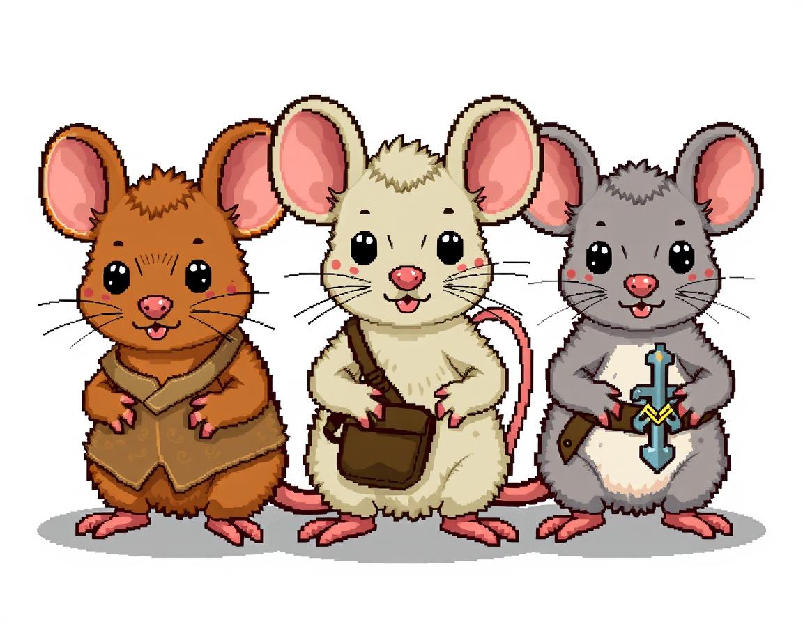 A whimsical pixellated style illustration featuring three medieval mice, depicted from the front