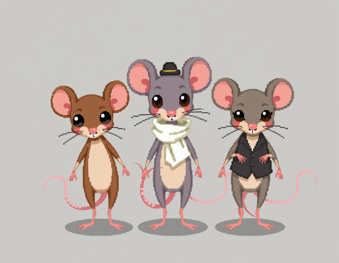 A whimsical pixellated style illustration of three skinny mice, depicted from the front