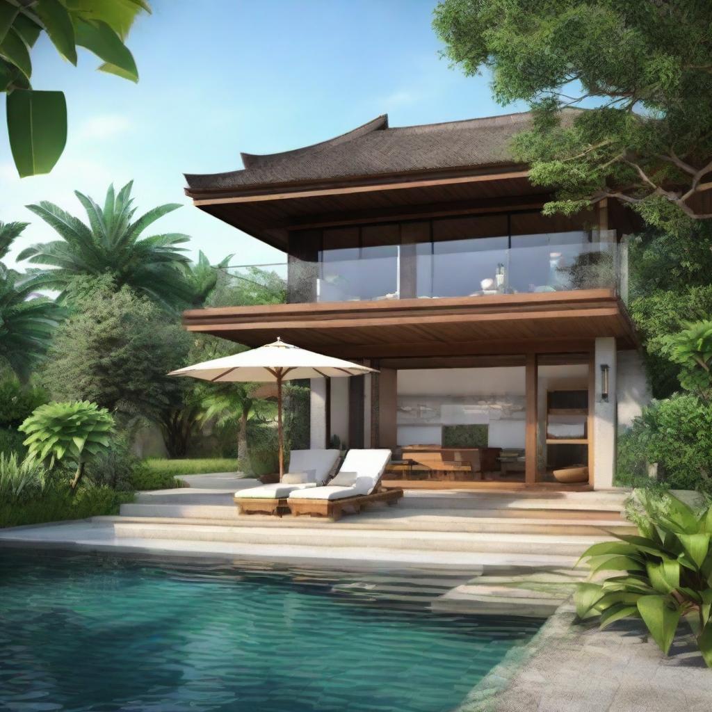 A two-floor, terraced, Balinese villa offering a sea view, set on a 100m2 plot. The first floor comprises 60m2 and features a living room, bedroom, and bathroom. On the second floor, an infinity pool, a carport, and a balcony are found. The villa is notably without a roof.