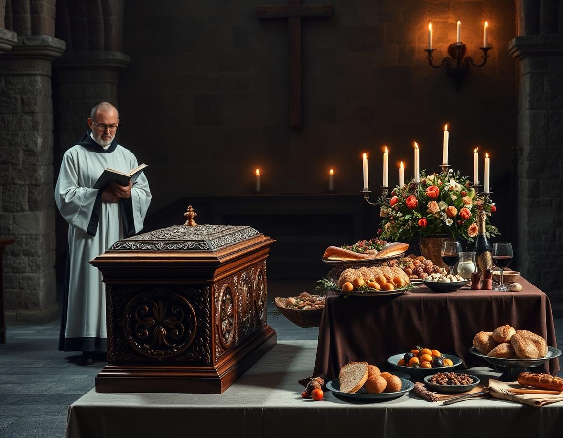 A serene and respectful depiction of a medieval Catholic funeral scene set in Spain, presented from the front