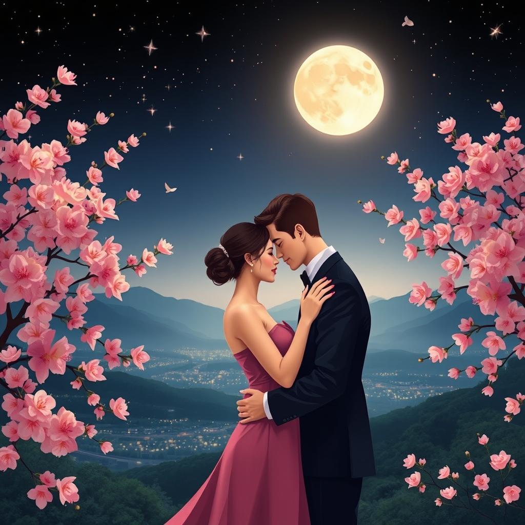 A romantic scene depicting a couple embracing passionately under a starry night sky, with a full moon casting a soft glow over the landscape
