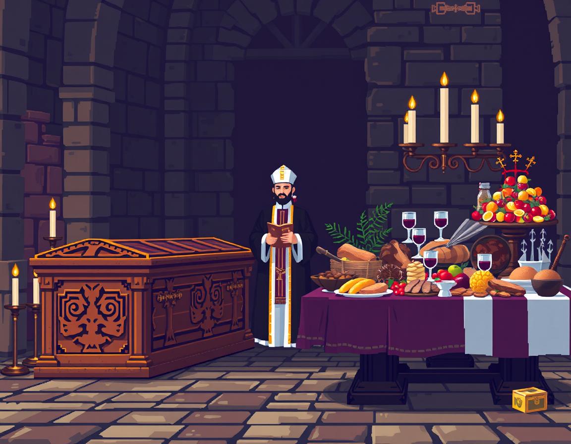 A captivating pixellated style depiction of a medieval Catholic funeral scene set in Spain, viewed from the front