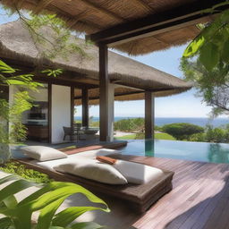 A two-floor, terraced, Balinese villa offering a sea view, set on a 100m2 plot. The first floor comprises 60m2 and features a living room, bedroom, and bathroom. On the second floor, an infinity pool, a carport, and a balcony are found. The villa is notably without a roof.