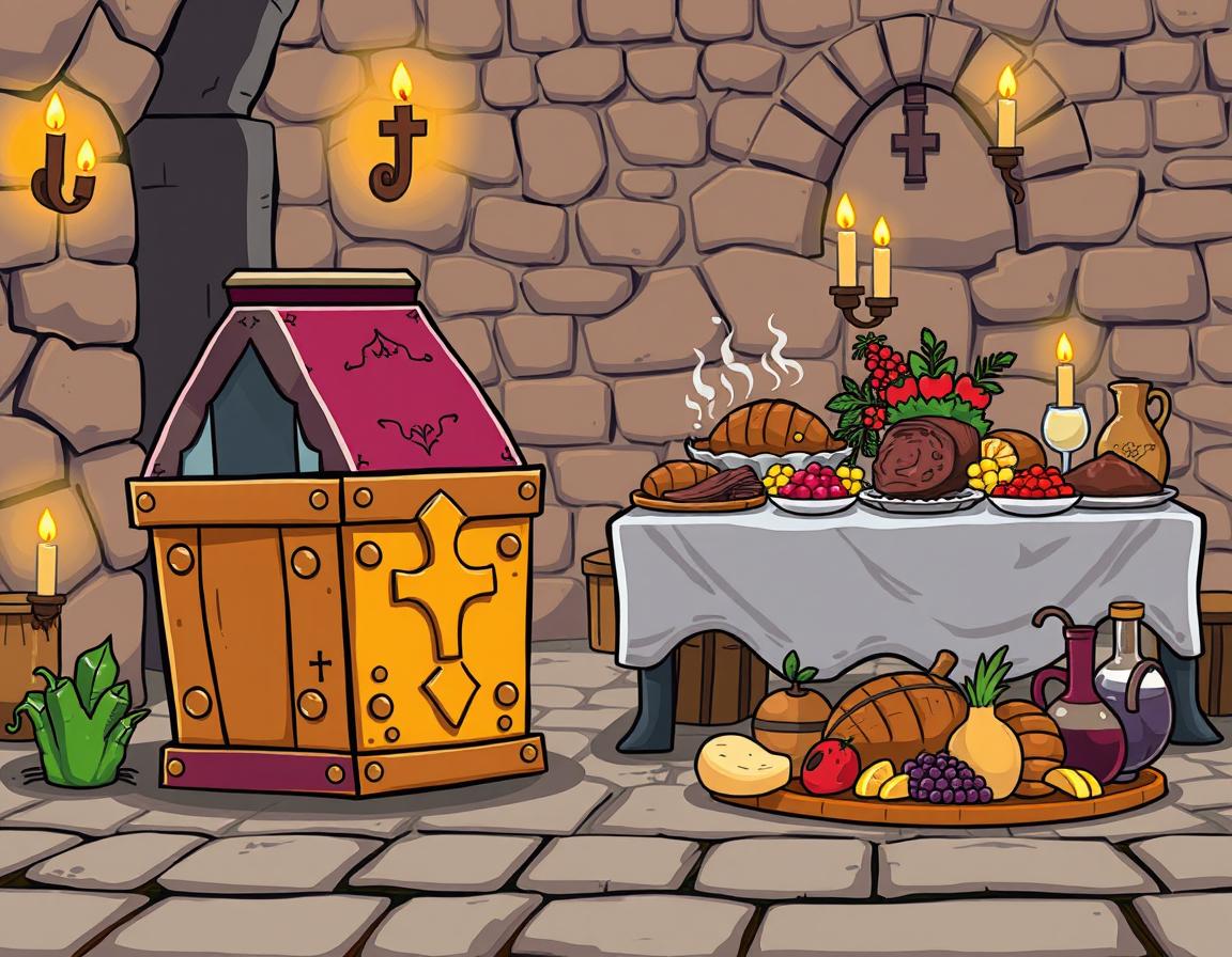 A whimsical pixellated cartoon style depiction of a medieval Catholic funeral scene set in Spain, viewed from the front