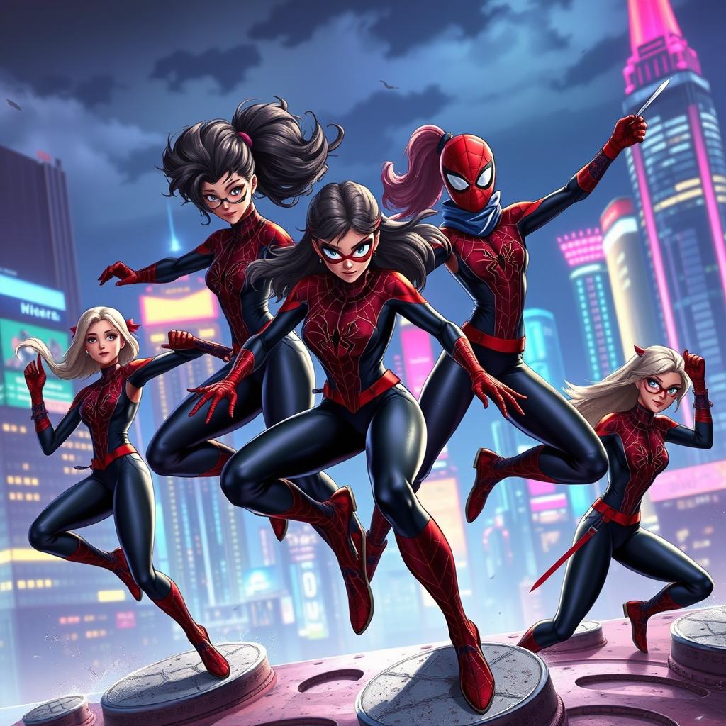 A dynamic and powerful scene featuring superheroine characters inspired by the aesthetics of Spiderman and ninja elements