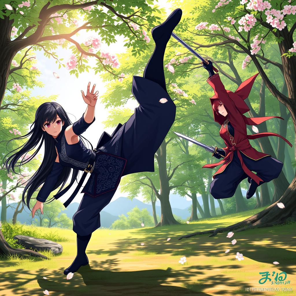 A dynamic and vibrant scene featuring two ninja girls in traditional attire, elegantly performing acrobatic moves in a lush, green Japanese forest
