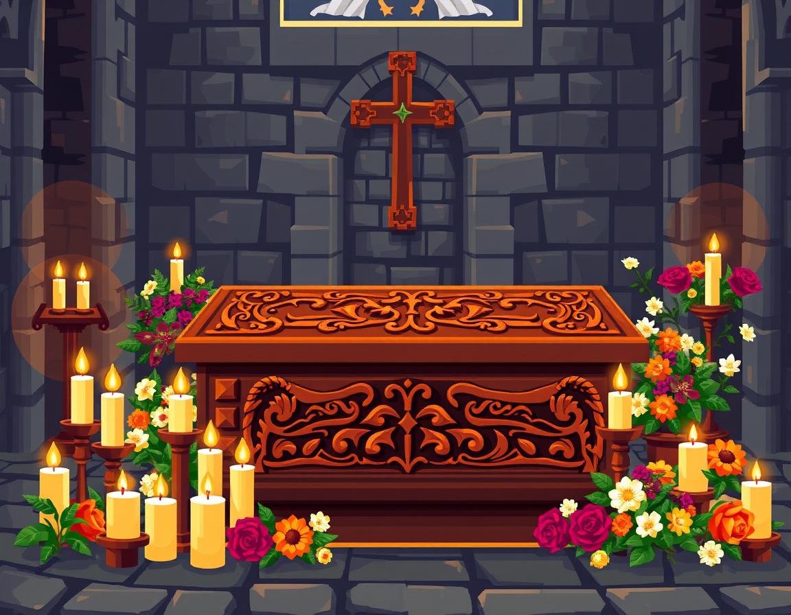 A vivid pixellated style depiction of a medieval Catholic funeral scene set in Spain