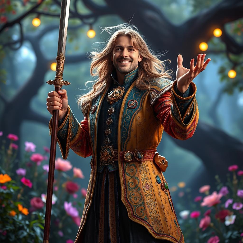 A bard in a fantastical setting, wearing an elaborate, colorful outfit adorned with musical notes and intricate patterns