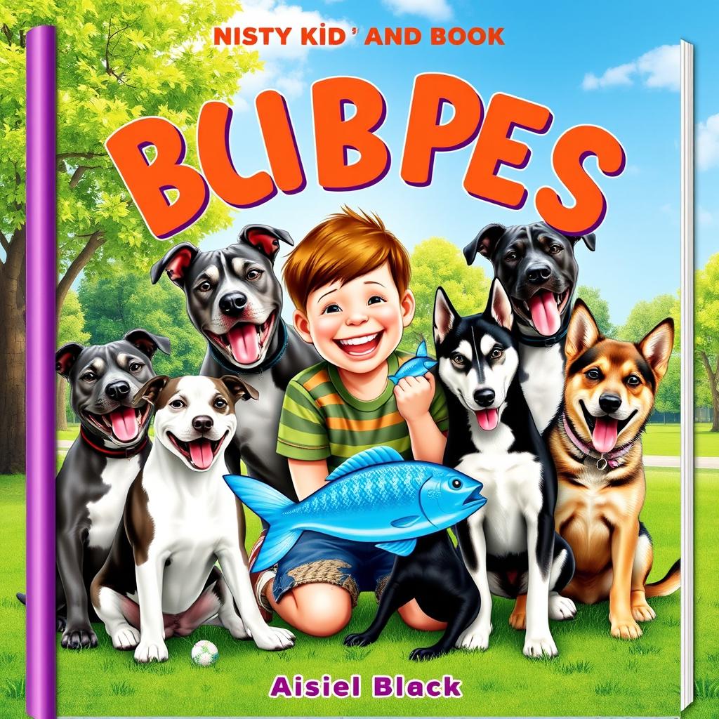 A book cover design featuring an 8-year-old boy joyfully surrounded by three Pitbulls, two Huskies, a black mixed-breed dog, and a bright blue fish