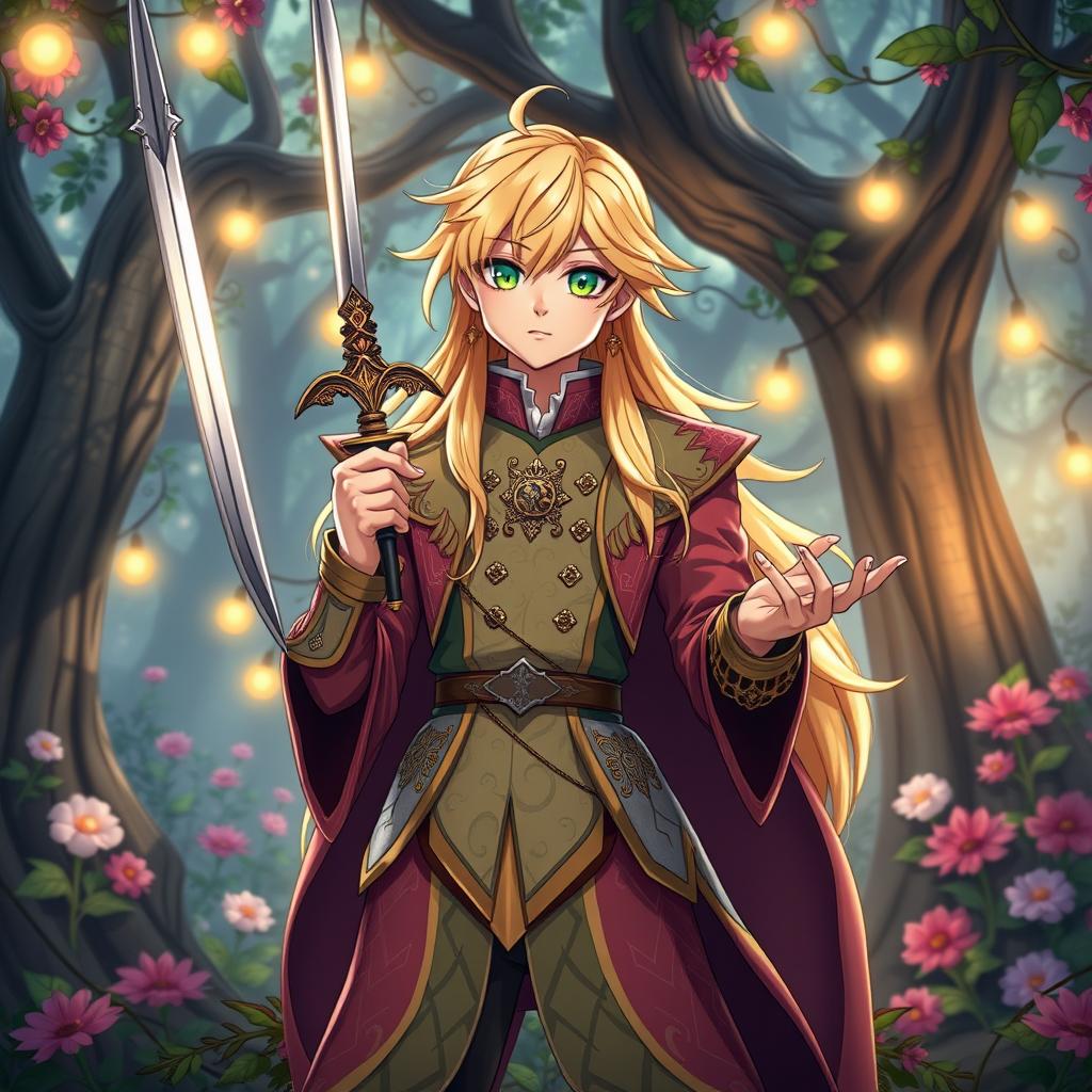 A bard in a fantastical setting, featuring a blonde male character with striking green eyes