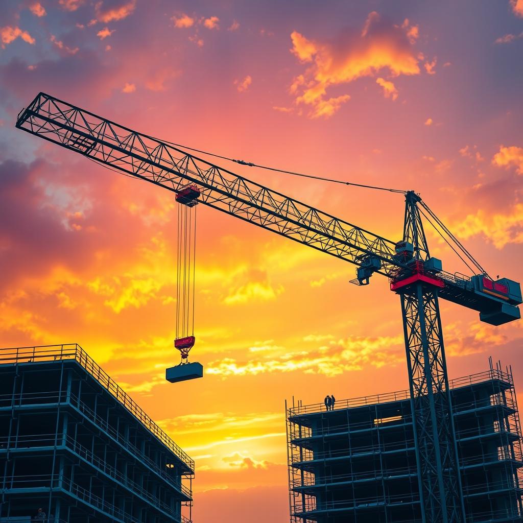 A stunning and detailed image of a crane (guindaste) in action on a construction site, highlighted against a vibrant sunset