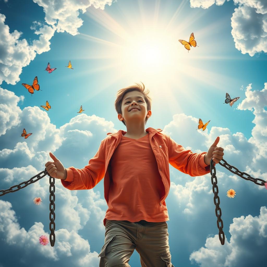 An inspiring and uplifting scene depicting a person breaking free from chains that represent limited beliefs, soaring into the sky with open arms towards a bright and limitless horizon