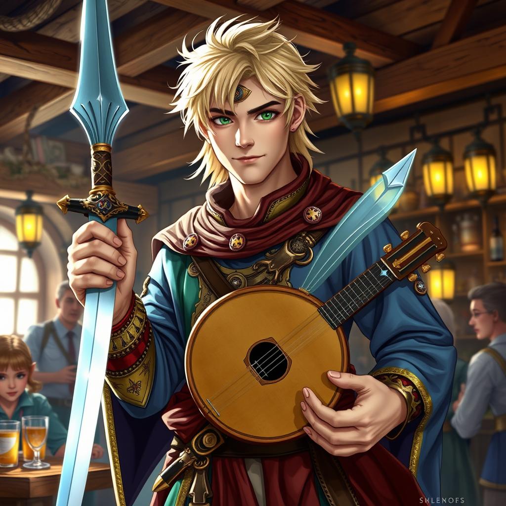 A Dungeons & Dragons bard, depicted as a blonde male character with striking green eyes