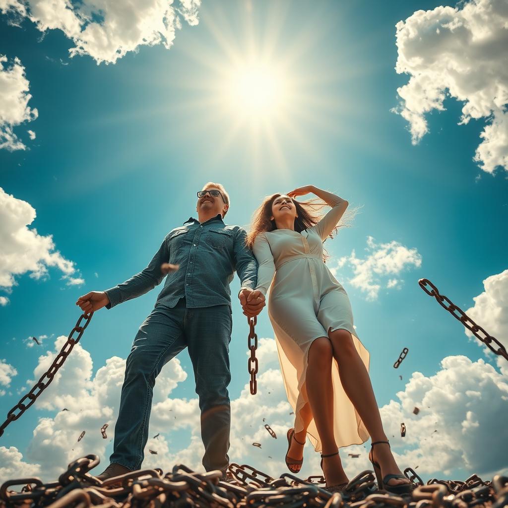 A powerful scene depicting a couple breaking free from chains in a dramatic moment of liberation, with sunlight streaming down from above, illuminating their faces with hope and determination