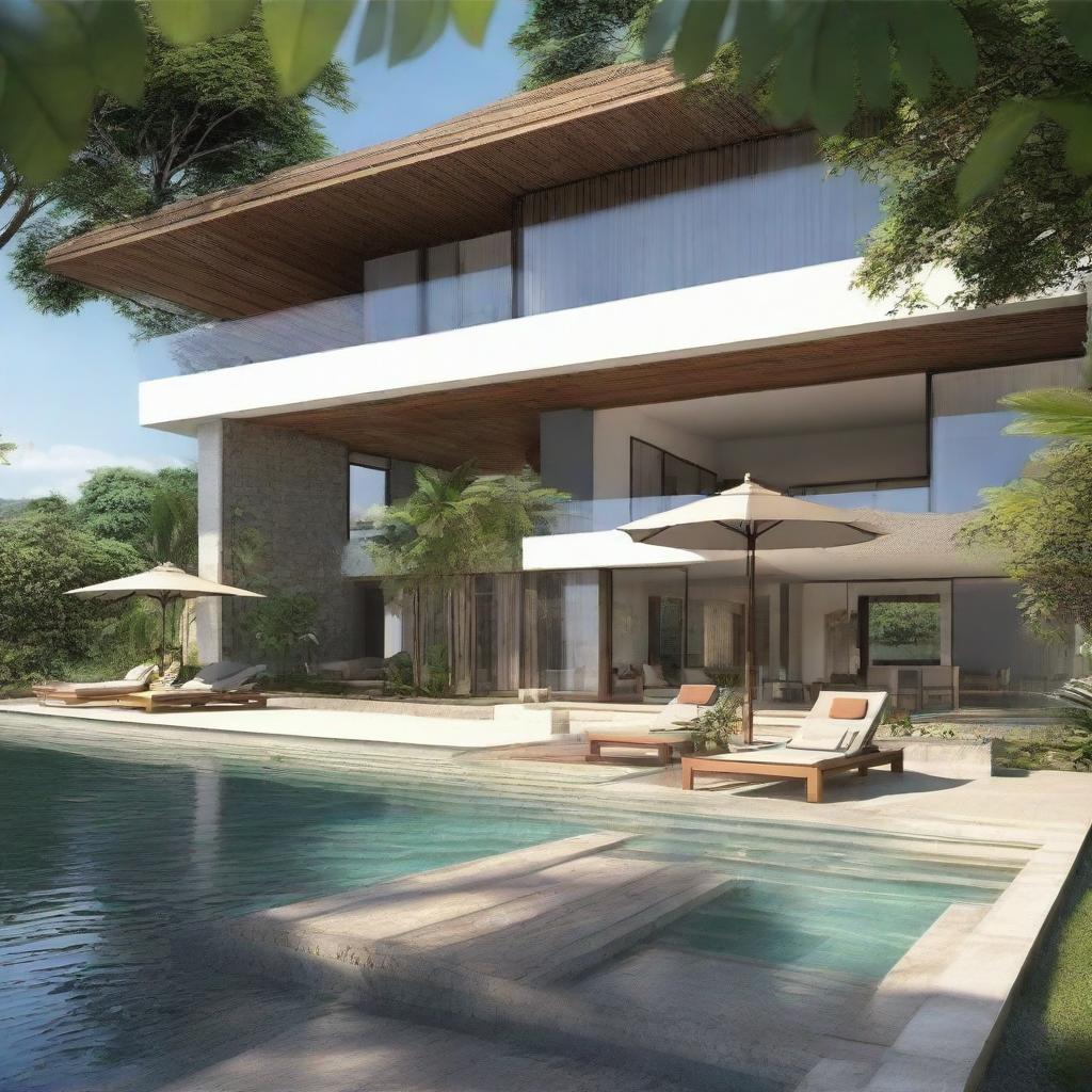 A two-floor, terraced, Balinese villa offering a sea view, set on a 100m2 plot. The first floor comprises 60m2 and features a living room, bedroom, and bathroom. On the second floor, an infinity pool, a carport, and a balcony are found. The villa is notably without a roof.