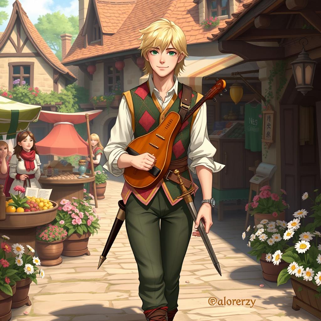 A light-haired bard from a modest noble family, with striking green eyes, gracefully walking through a vibrant village scene