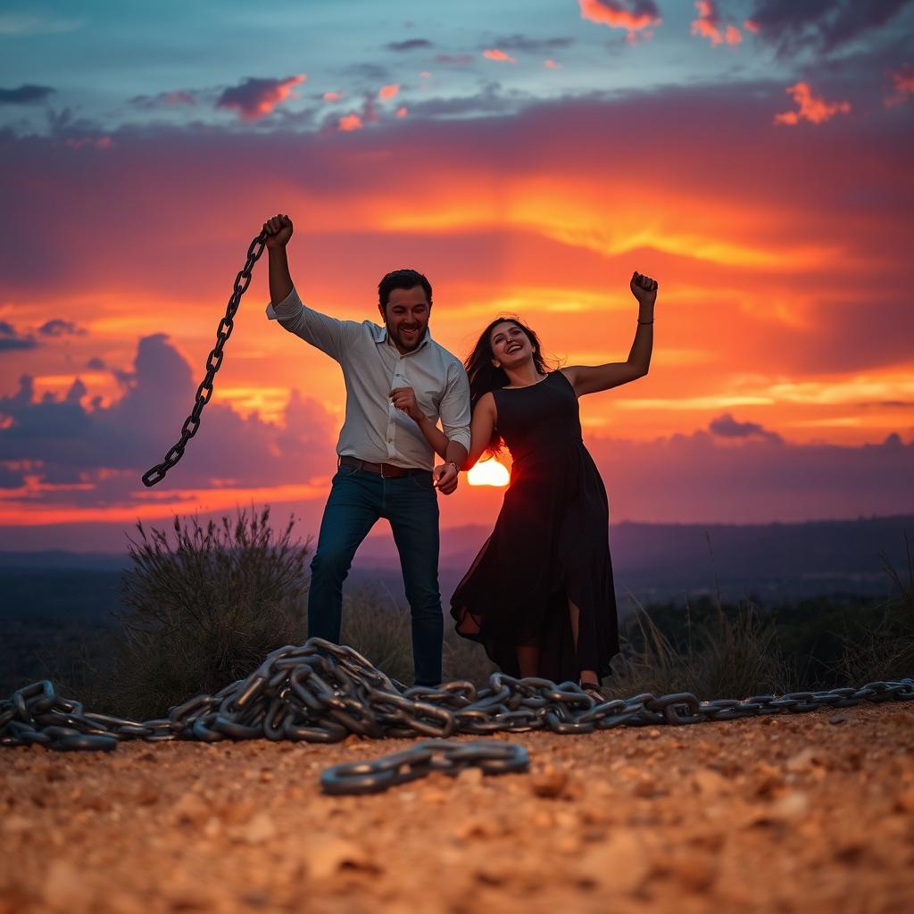 A powerful scene depicting a couple breaking free from chains in a dramatic moment of liberation, with a stunning sunset casting warm hues of orange, pink, and purple across the sky