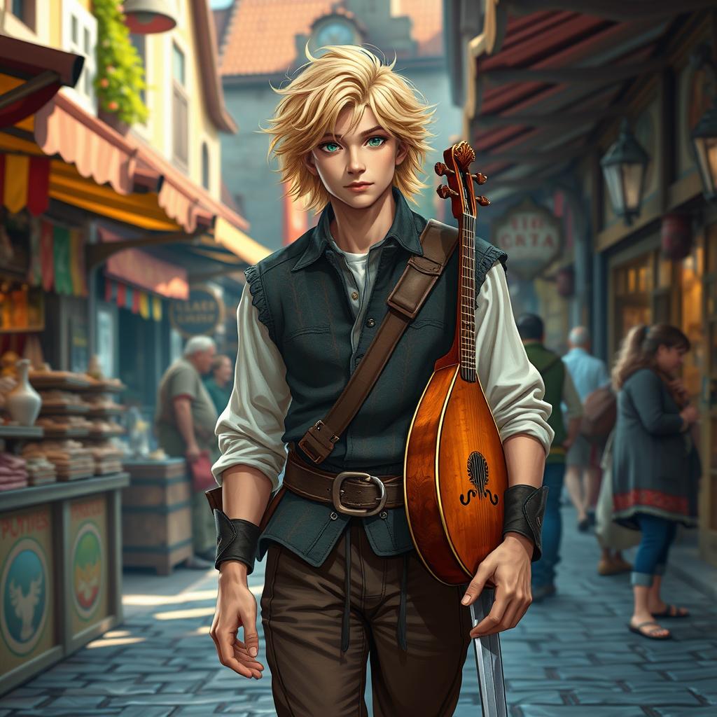 A 25-year-old light-haired bard from a modest noble family, characterized by his bright, flowing hair and striking green eyes, confidently strolling through a lively market square