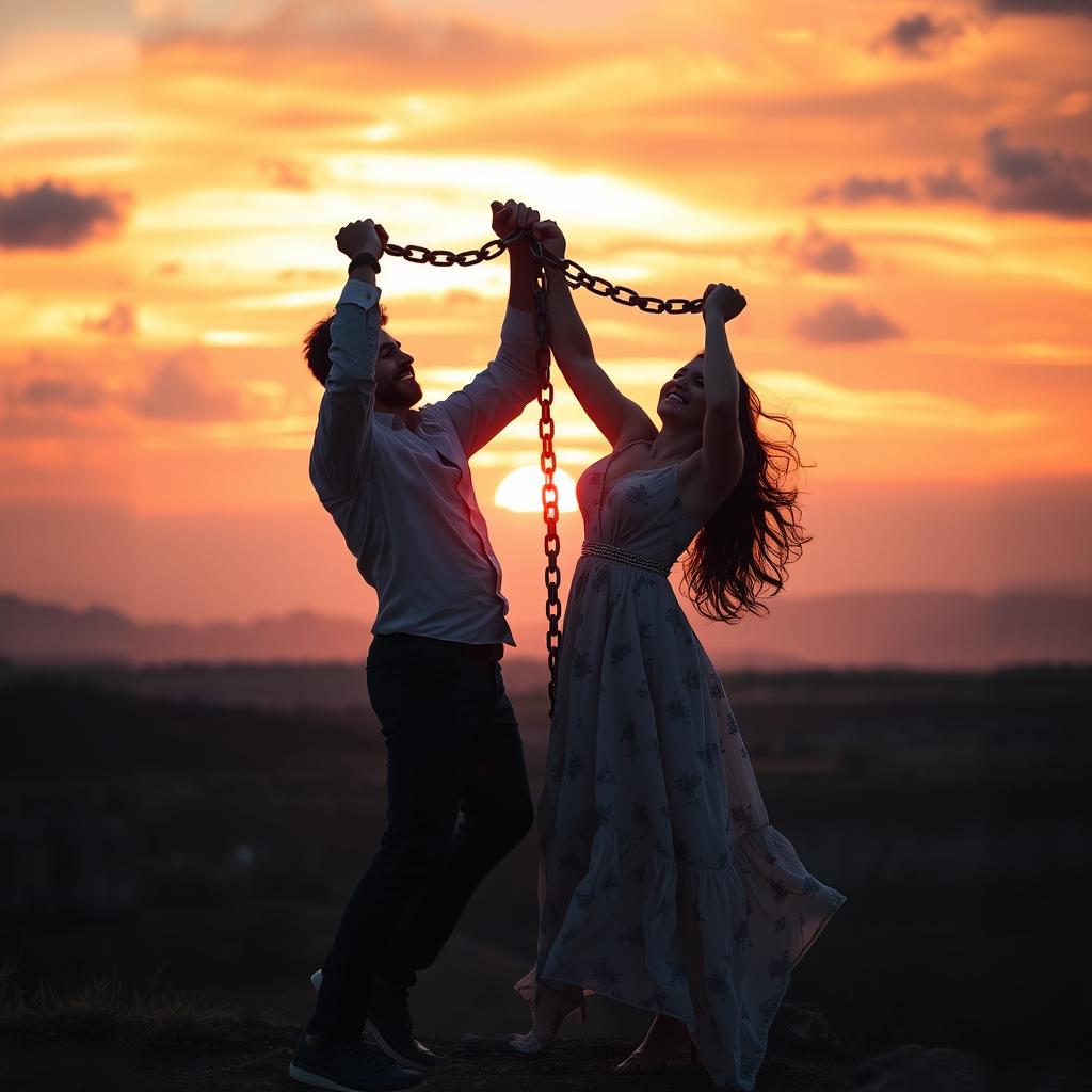A powerful and emotional scene capturing a couple breaking free from chains, symbolizing their triumph over limitations