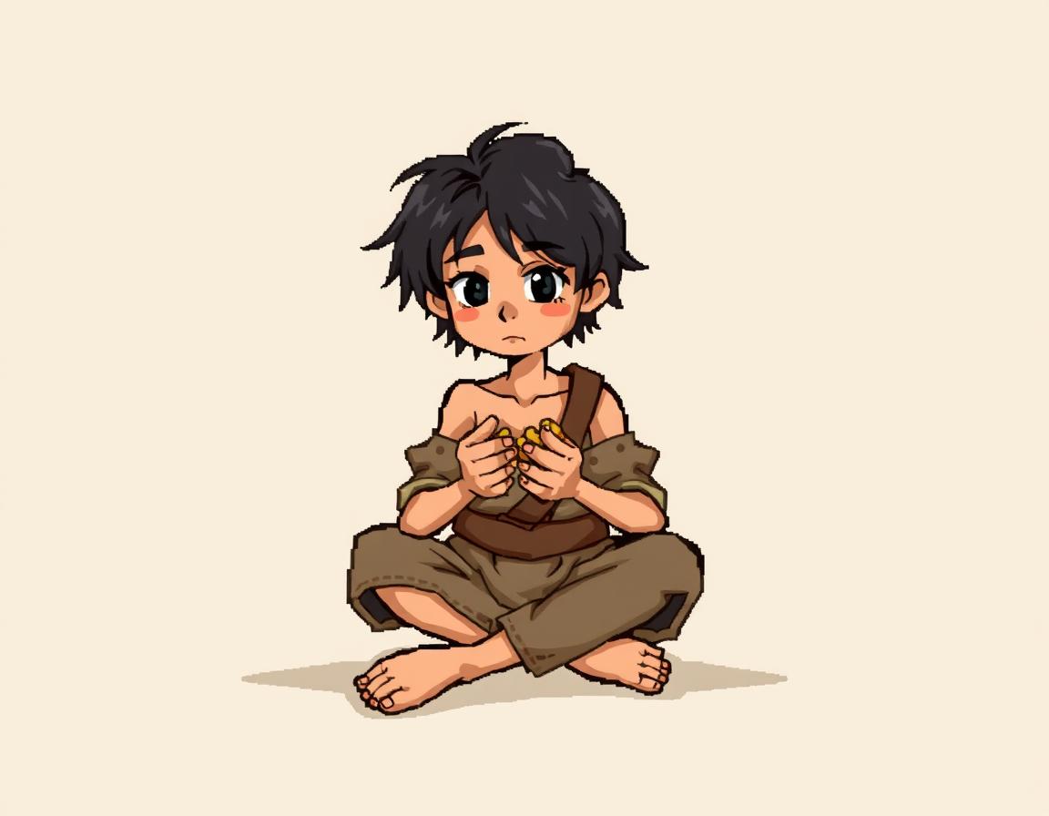 A charming pixellated style illustration of a thin brunette medieval European peasant boy, depicted as barefoot with tattered clothes and a simple cloth belt