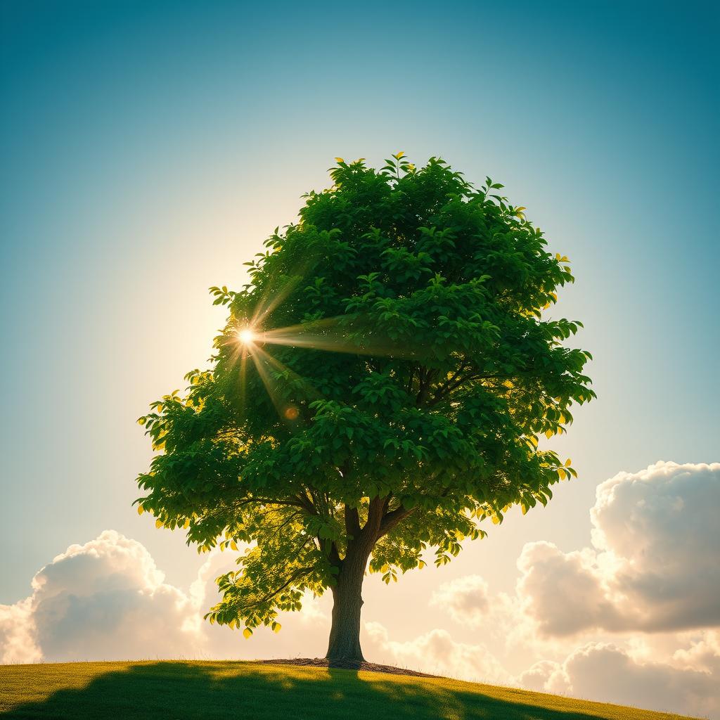 A vibrant and lush tree breaking through the limits of a clear blue sky, illuminated by the warm rays of sunshine