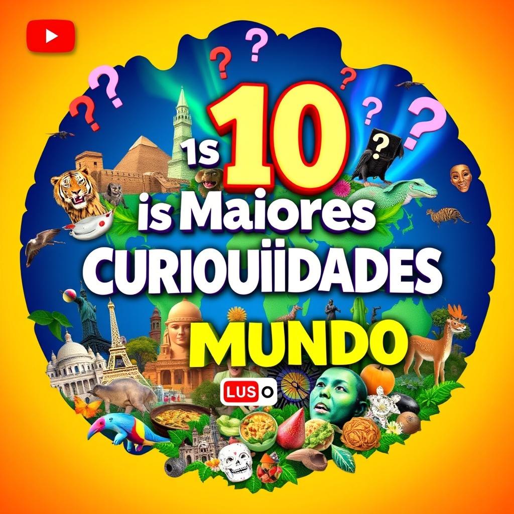 A colorful and engaging YouTube channel cover for a show titled 'As 10 Maiores Curiosidades do Mundo' featuring a visually stimulating collage of global landmarks, animals, and unique cultural elements