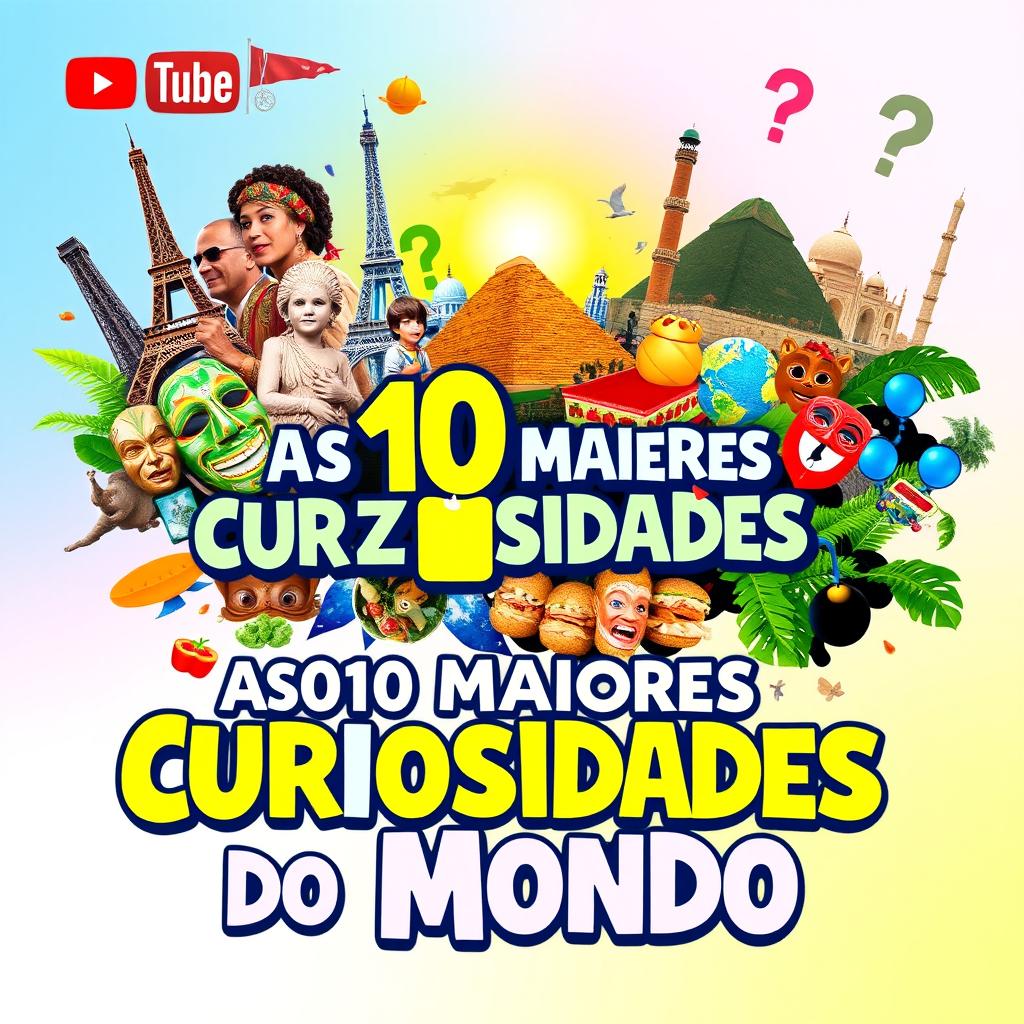 A vibrant and captivating YouTube channel cover design for a series titled 'As 10 Maiores Curiosidades do Mundo'