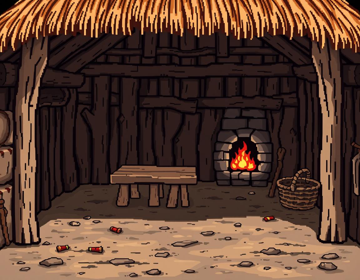 A detailed pixellated style illustration of the interior of a bare, poor medieval hut