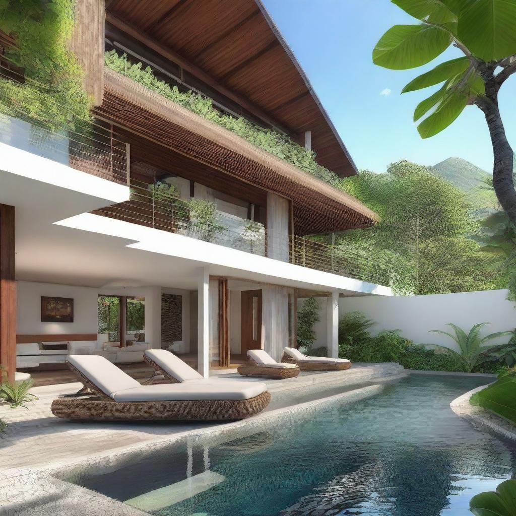 Terraced two-story Balinese villa with sea view. Sat on a 100m2 plot, with a 60m2 first floor containing a living room, bedroom, and bathroom. The second floor features an infinity pool, carport, and balcony. Notably, the villa does not have a roof.