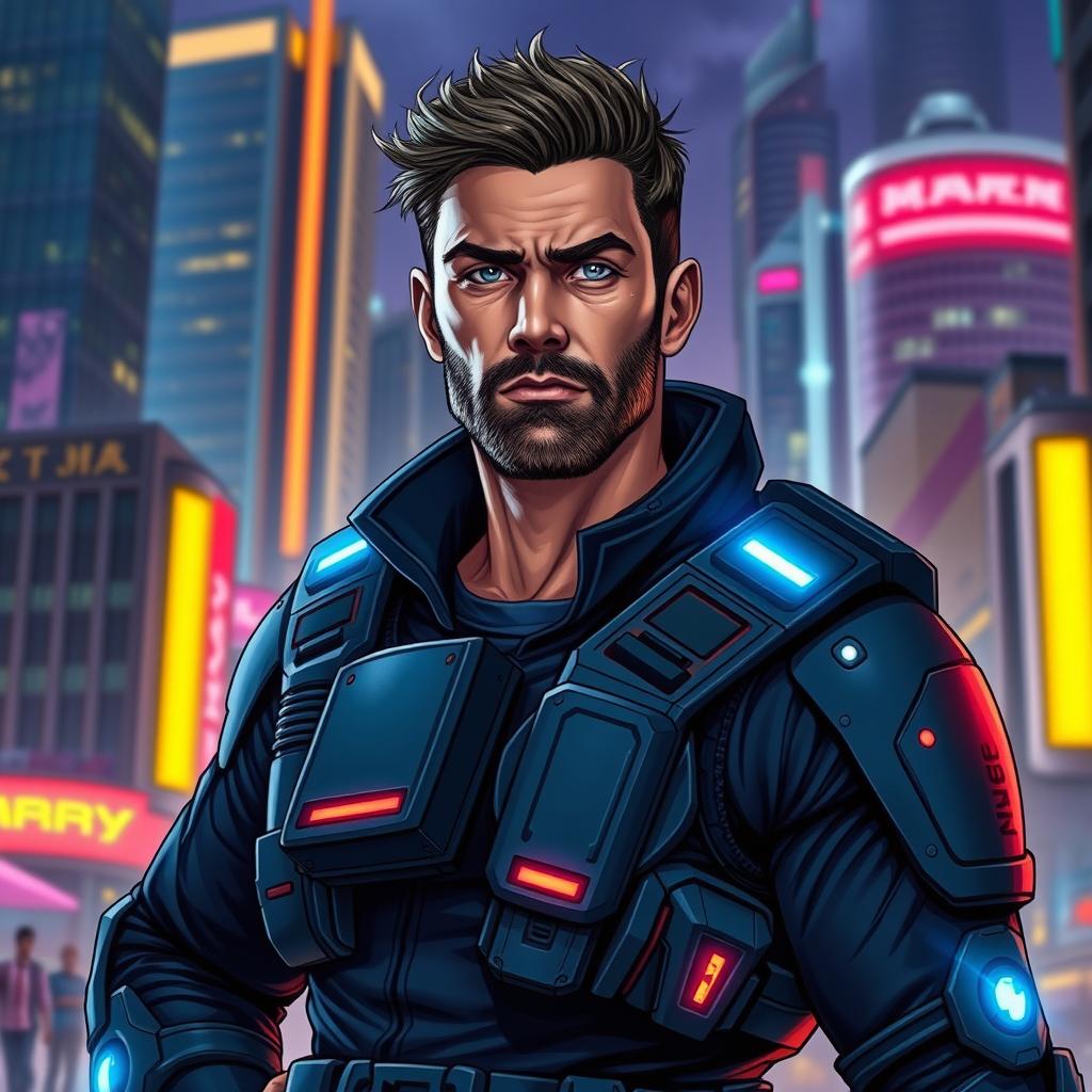A detailed portrait of Ralf Jones, featuring a rugged and determined expression