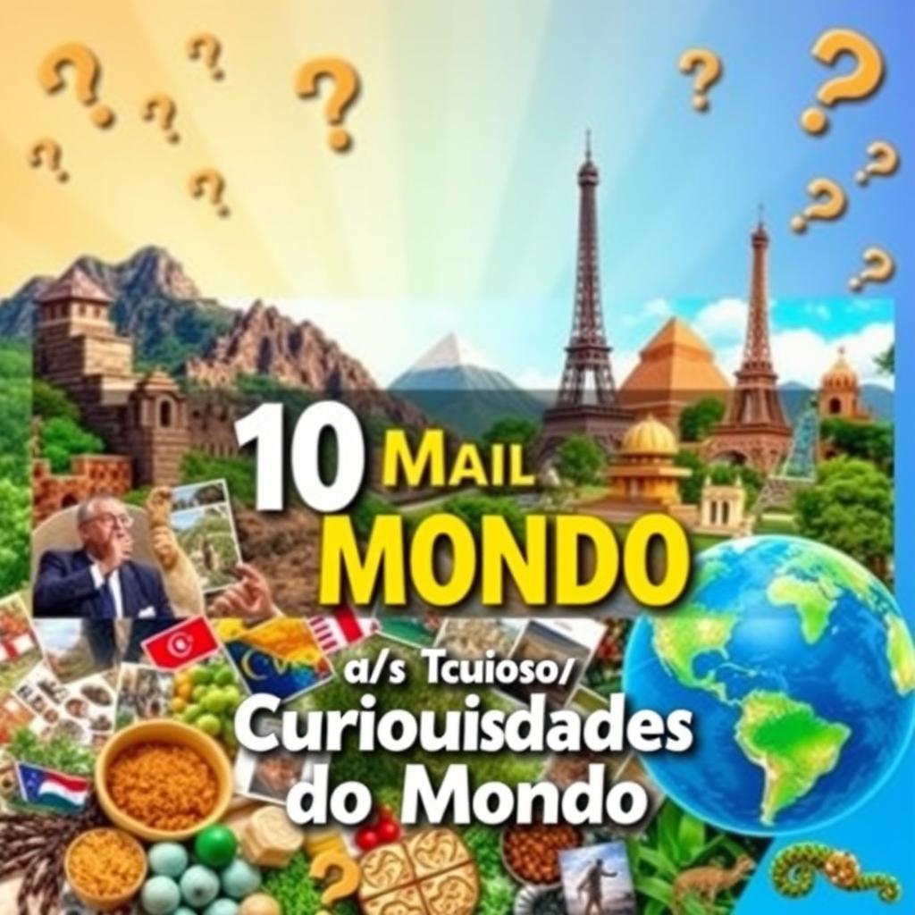 A stunning YouTube channel cover design for a theme centered around 'As 10 Maiores Curiosidades do Mundo', featuring a vibrant and captivating collage that highlights various iconic landmarks and curiosities from around the globe