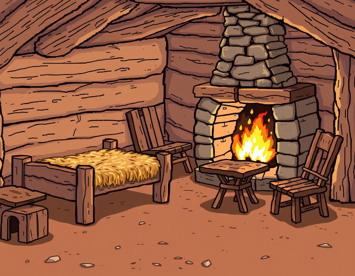 A detailed pixellated style illustration of the interior of a medieval hut, showcasing essential furnishings for a humble lifestyle