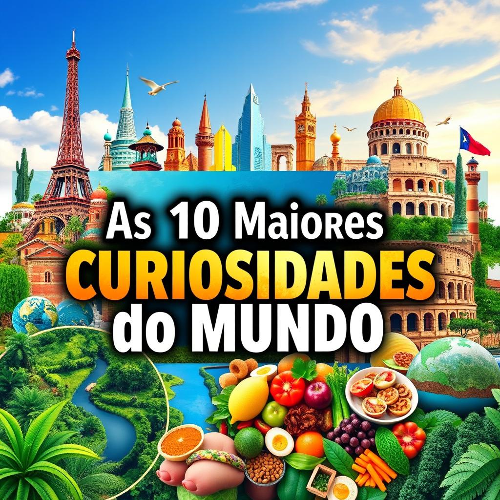 A captivating YouTube channel cover design for 'As 10 Maiores Curiosidades do Mundo'