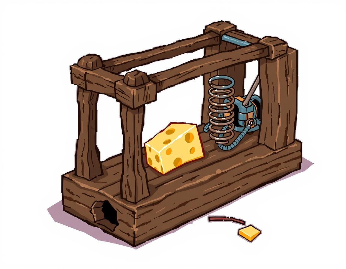 A detailed pixellated style illustration of a medieval mousetrap, intricately designed with wooden beams and a traditional spring mechanism