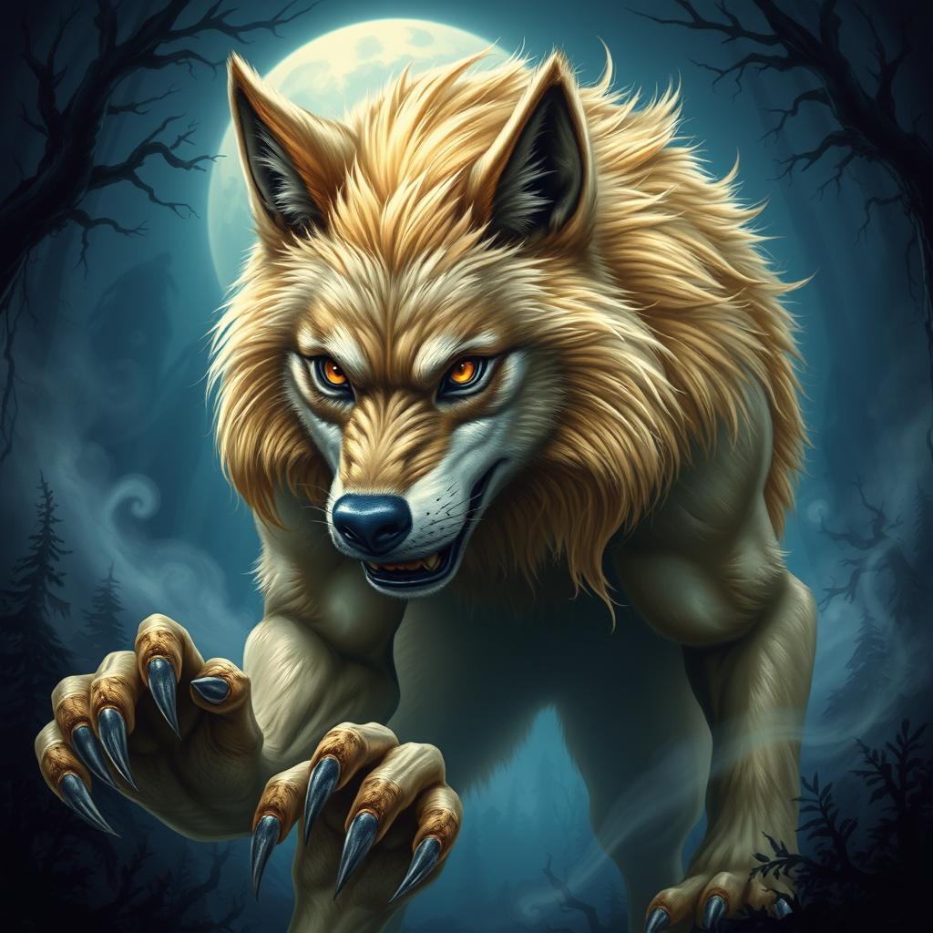 A stunning scene featuring a werewolf with luxurious blonde hair and captivating brown eyes