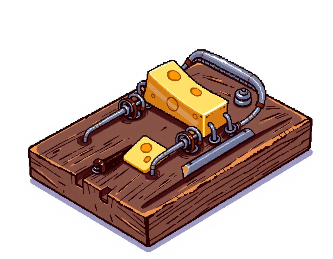 A detailed pixellated style illustration of an old-fashioned mousetrap, showcasing its vintage charm with worn wooden components and rusty metal springs