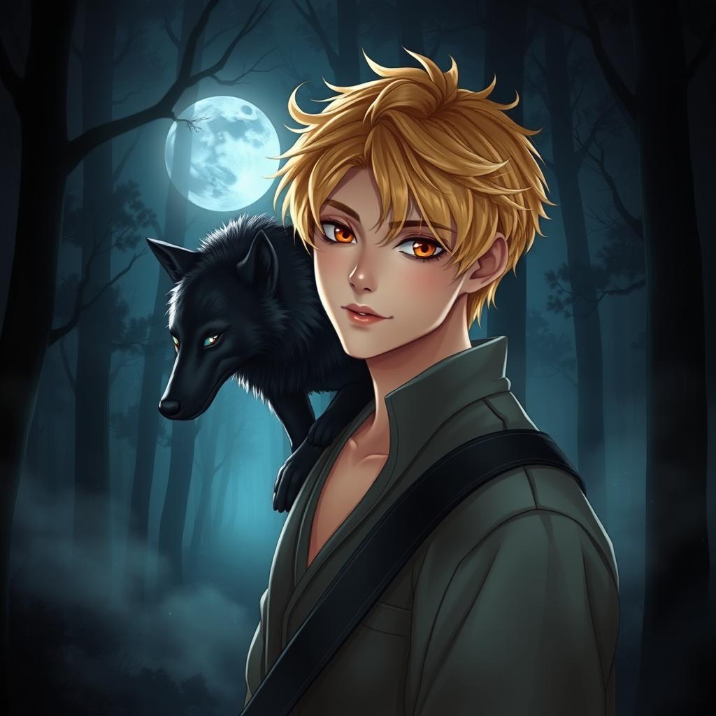 A captivating scene featuring Jimin with blonde hair and expressive brown eyes, standing confidently in a mysterious forest