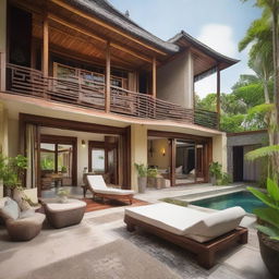 Terraced two-story Balinese villa with sea view. Sat on a 100m2 plot, with a 60m2 first floor containing a living room, bedroom, and bathroom. The second floor features an infinity pool, carport, and balcony. Notably, the villa does not have a roof.