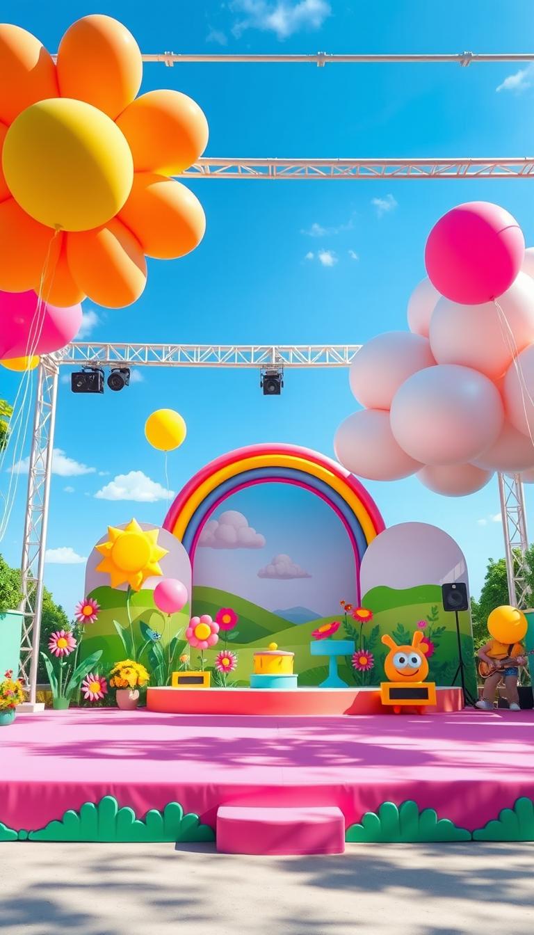 A vibrant and colorful cartoon stage design, featuring whimsical elements like oversized flowers, bright balloons, and playful characters