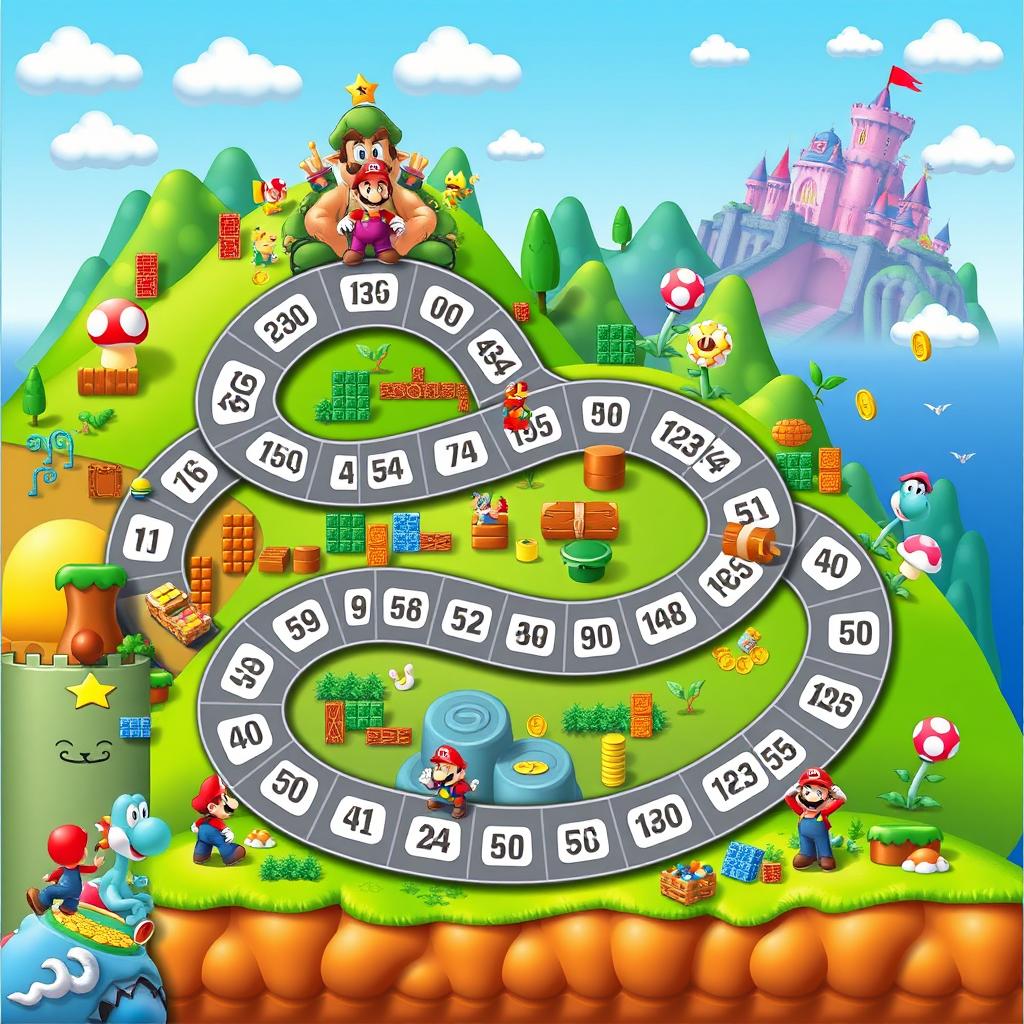 A creative board game design themed around Super Mario Bros, featuring a vibrant game board with a winding road consisting of 50 numbered spaces from 1 to 50