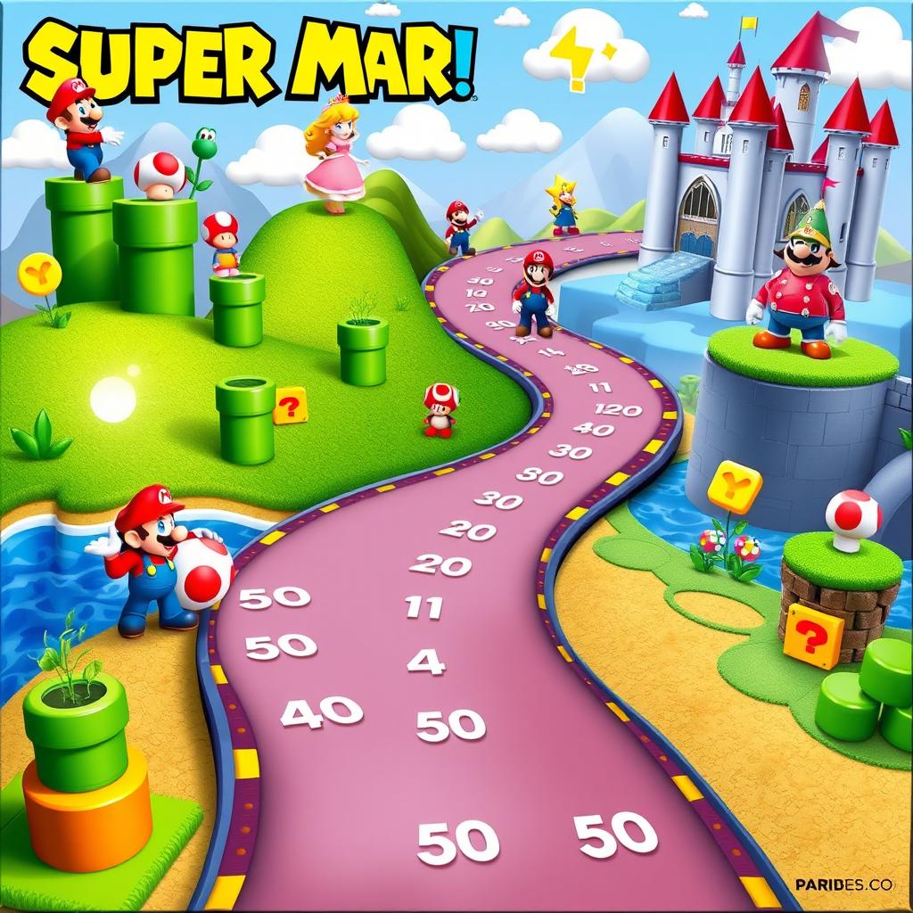 A vibrant and imaginative board game design themed around Super Mario Bros, showcasing a colorful road that winds through various famous settings from the Super Mario universe